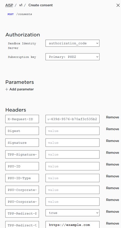 Create consent sample parameters